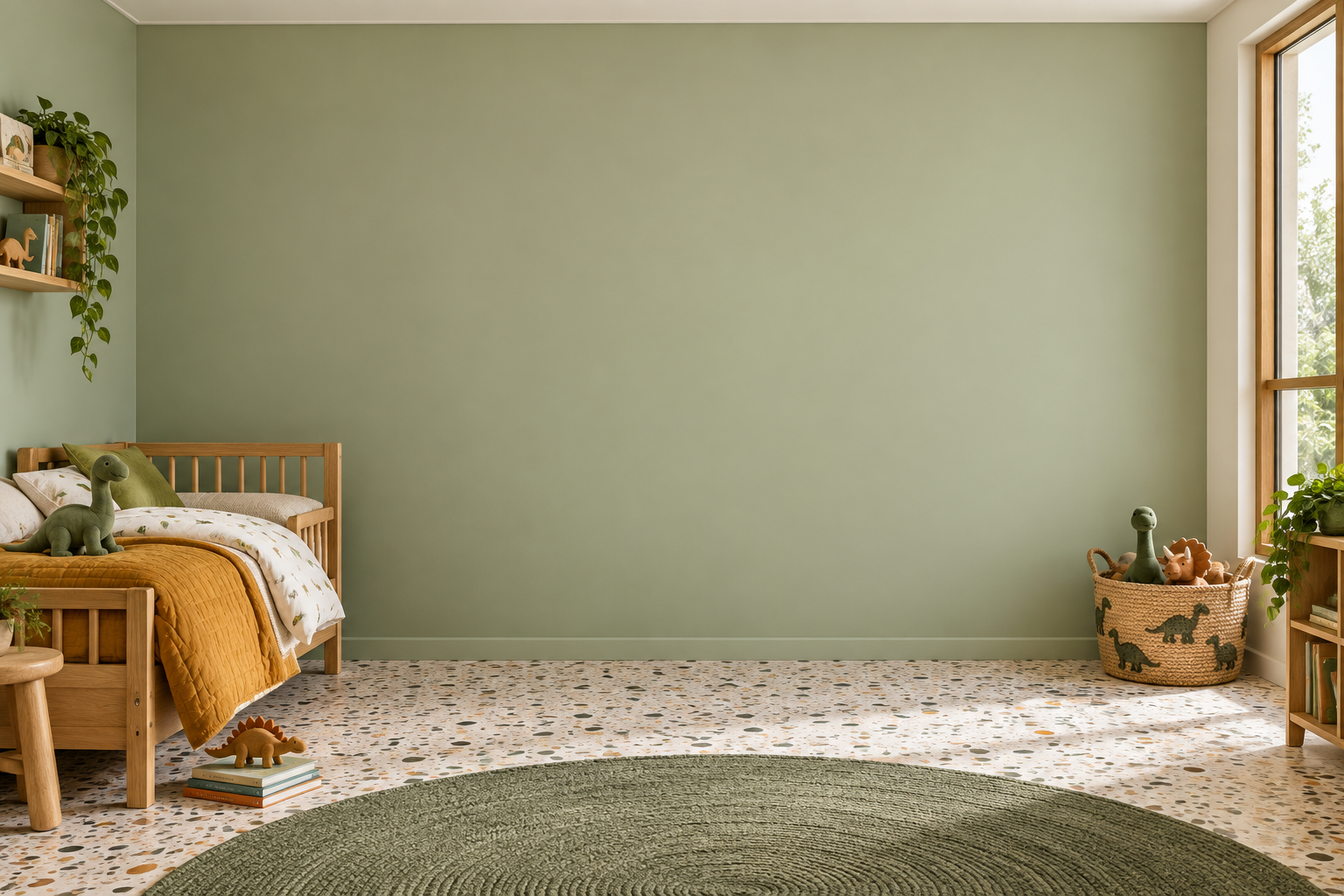 Dinosaur discovery bedroom: 128 shown on this wall: 57 kit pieces + 71 free 1″ extras. 0 not shown in this arrangement (0 kit pieces + 0 freebies). All 128 pieces are still included. Room scale and colors are approximate.