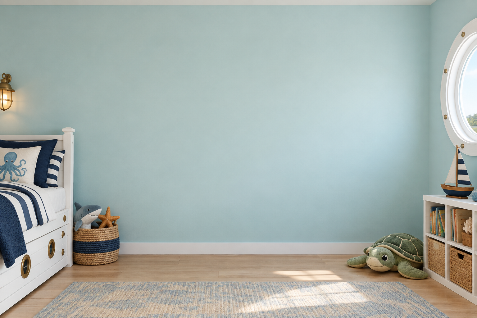 Ocean adventure bedroom: 331 shown on this wall: 57 kit pieces + 274 free 1″ extras. 0 not shown in this arrangement (0 kit pieces + 0 freebies). All 331 pieces are still included. Room scale and colors are approximate.