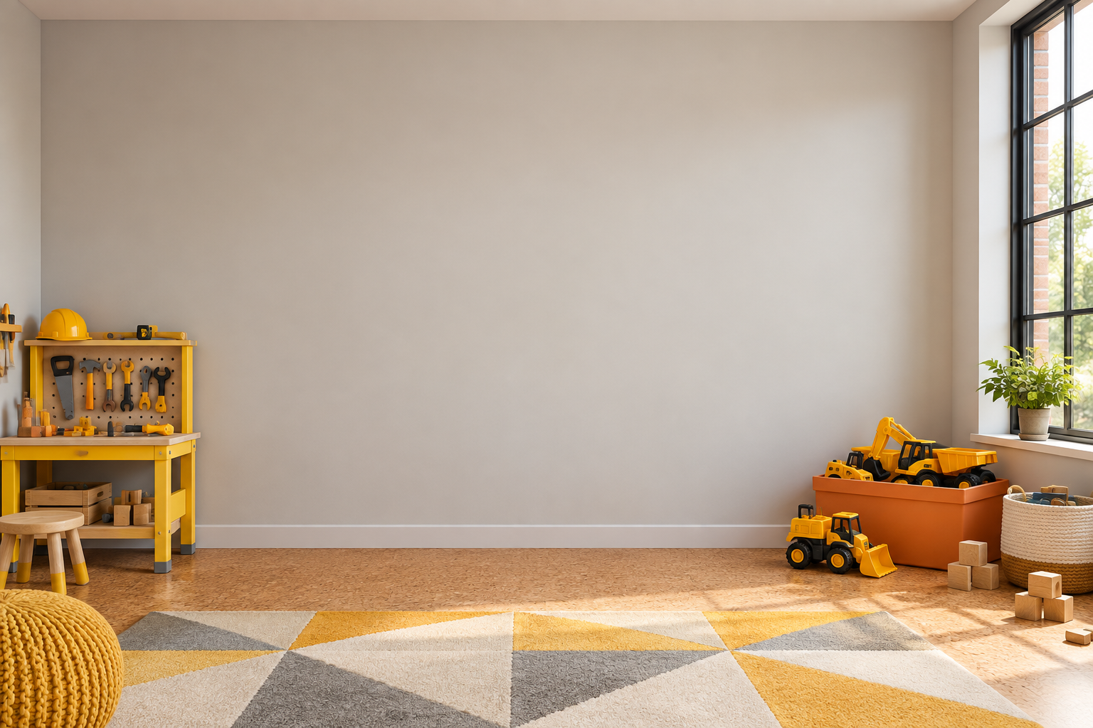 Little builder playroom: 48 shown on this wall: 14 kit pieces + 34 free 1″ extras. 0 not shown in this arrangement (0 kit pieces + 0 freebies). All 48 pieces are still included. Room scale and colors are approximate.