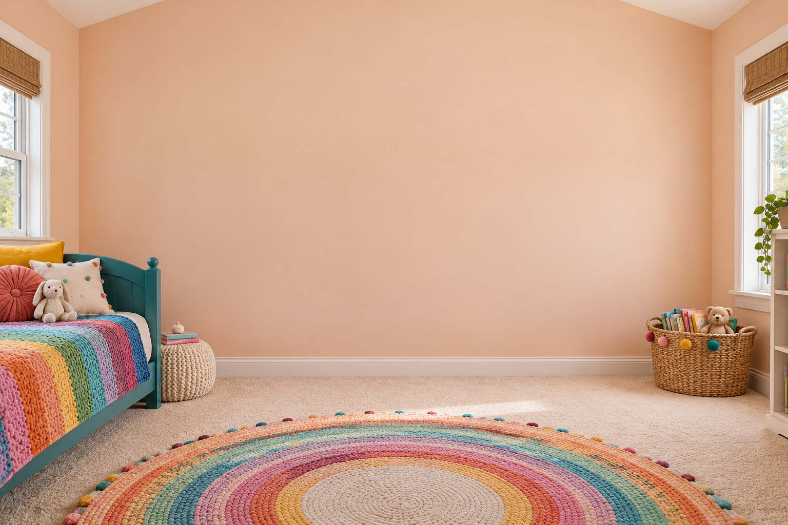 Rainbow reading bedroom: 13 shown on this wall: 13 kit pieces + 0 free 1″ extras. 0 not shown in this arrangement (0 kit pieces + 0 freebies). All 13 pieces are still included. Room scale and colors are approximate.