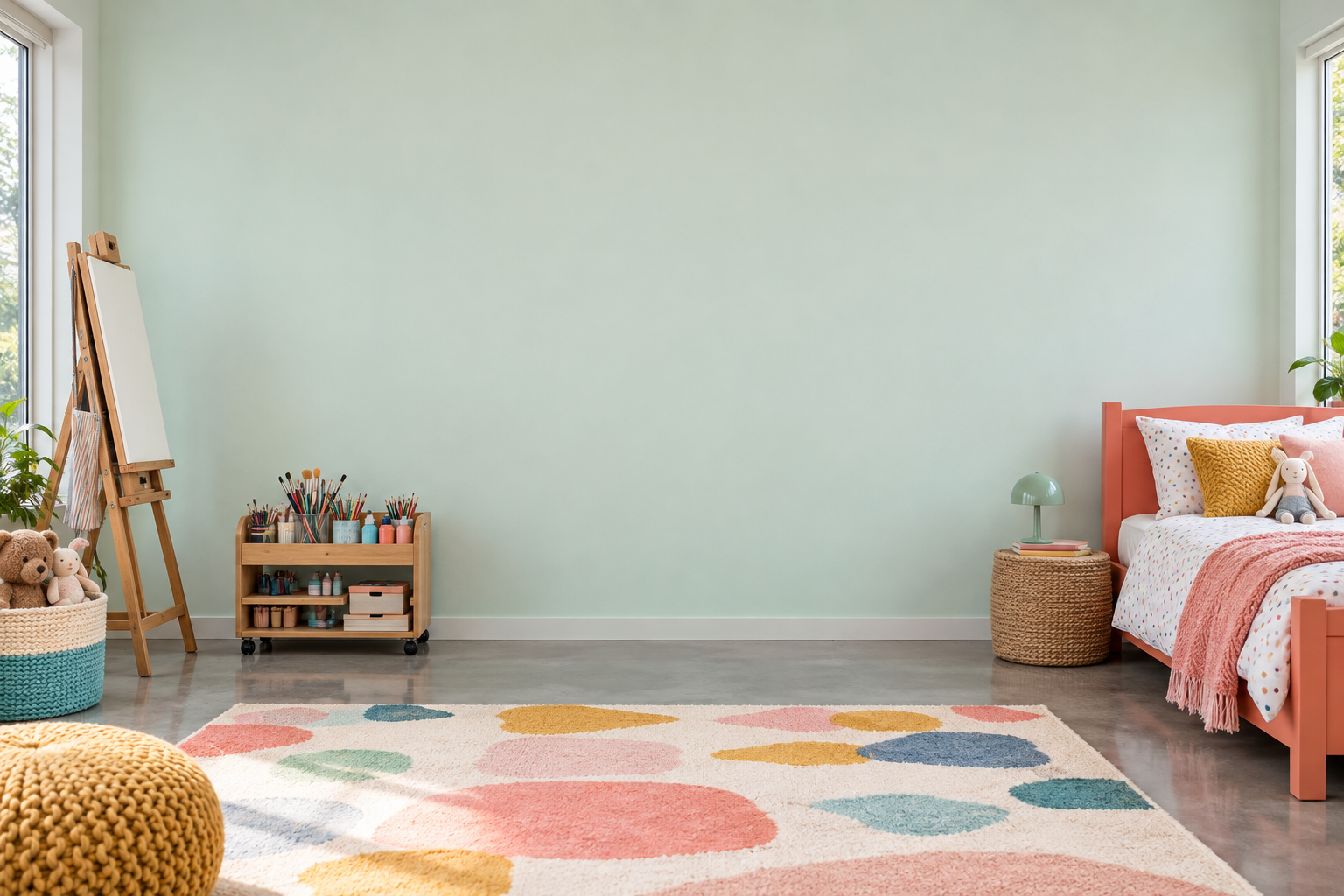 Junior artist bedroom: 86 shown on this wall: 57 kit pieces + 29 free 1″ extras. 0 not shown in this arrangement (0 kit pieces + 0 freebies). All 86 pieces are still included. Room scale and colors are approximate.