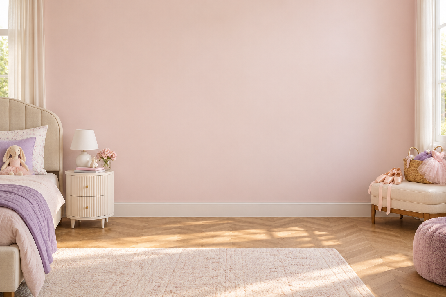Dance and ballet bedroom: 85 shown on this wall: 57 kit pieces + 28 free 1″ extras. 0 not shown in this arrangement (0 kit pieces + 0 freebies). All 85 pieces are still included. Room scale and colors are approximate.