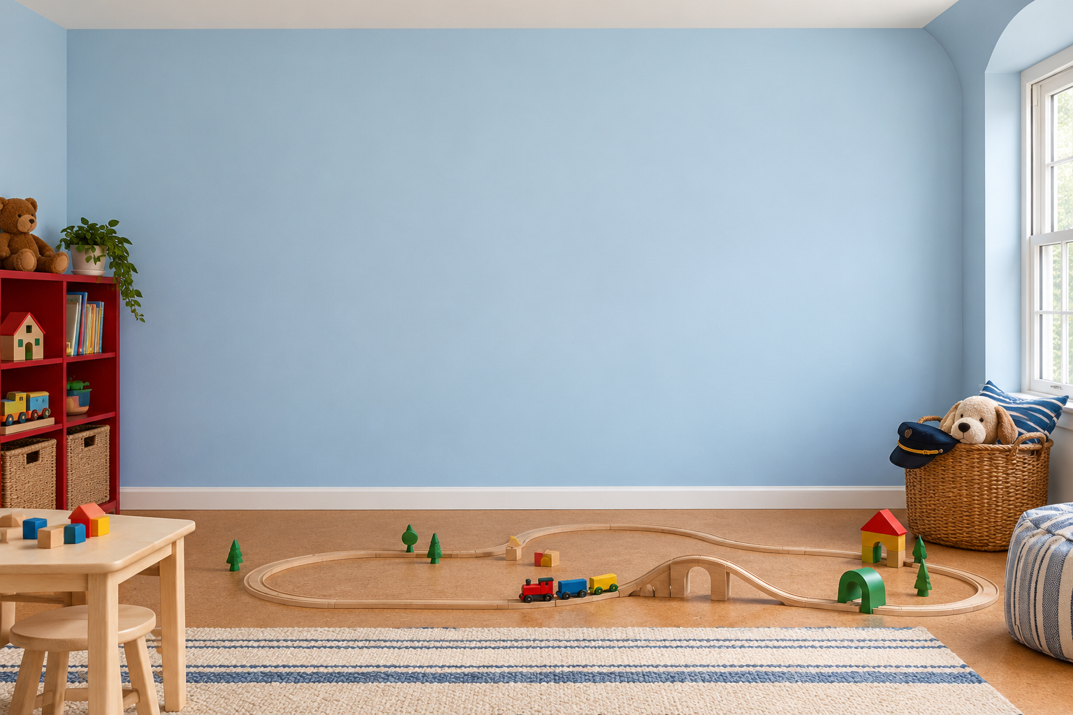 Train conductor playroom: 57 shown on this wall: 57 kit pieces + 0 free 1″ extras. 0 not shown in this arrangement (0 kit pieces + 0 freebies). All 57 pieces are still included. Room scale and colors are approximate.