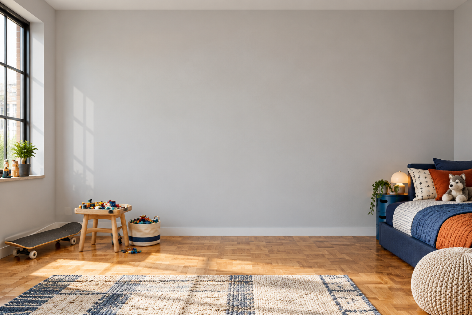 Skate and build bedroom: 57 shown on this wall: 57 kit pieces + 0 free 1″ extras. 0 not shown in this arrangement (0 kit pieces + 0 freebies). All 57 pieces are still included. Room scale and colors are approximate.