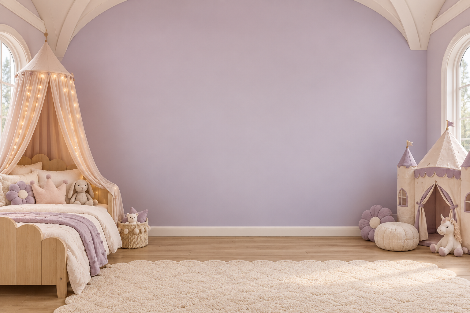 Storybook castle bedroom: 57 shown on this wall: 57 kit pieces + 0 free 1″ extras. 0 not shown in this arrangement (0 kit pieces + 0 freebies). All 57 pieces are still included. Room scale and colors are approximate.