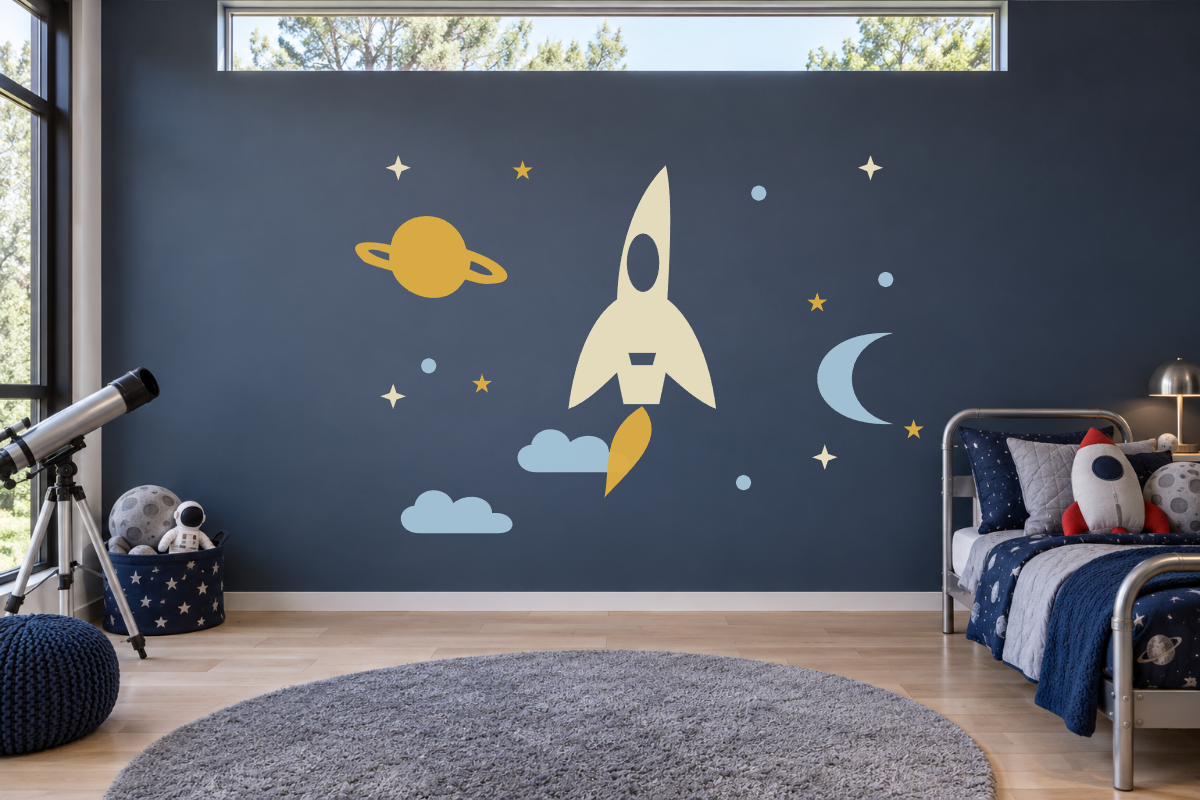 Blast Off · Easy Edition — exact recommended kit arranged in a kids’ room