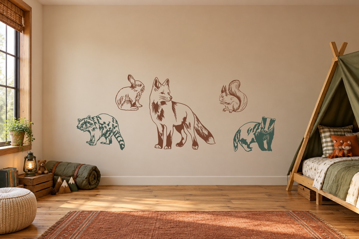 Fox & Forest Friends — A large illustrated fox watches over a little rabbit and squirrel, with a raccoon and badger beside them. A warm woodland arrangement with five distinct animals.