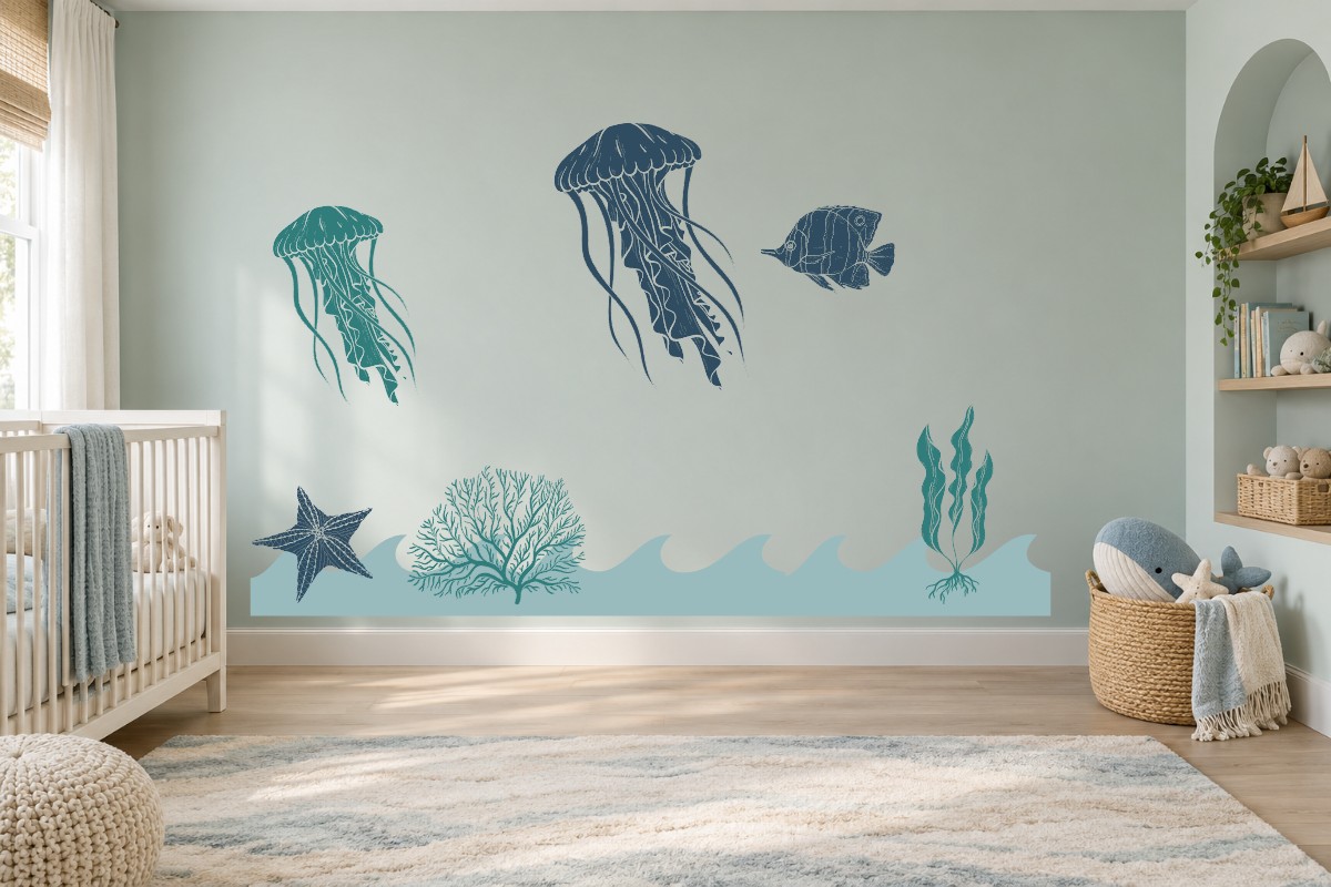 Jellyfish Drift — Two flowing jellyfish drift above detailed seaweed, coral and sea stars. Broad waves follow the bottom edge to turn the wall into an underwater scene.