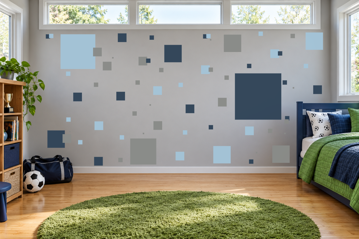 Modern Squares — exact recommended kit arranged in a kids’ room