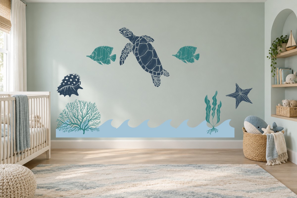 Natural Reef premade room artwork study with a large turtle, fish, coral, seaweed, shell and starfish