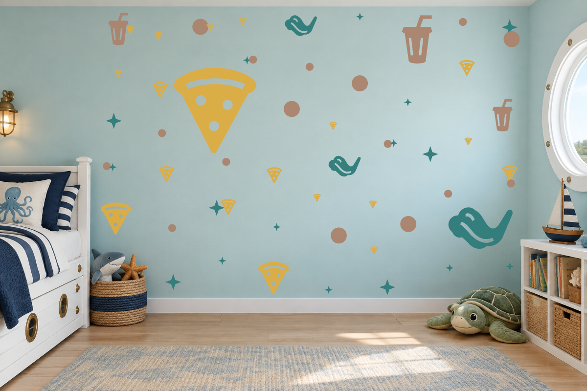 Pizza, Wings & Soda — exact recommended kit arranged in a kids’ room