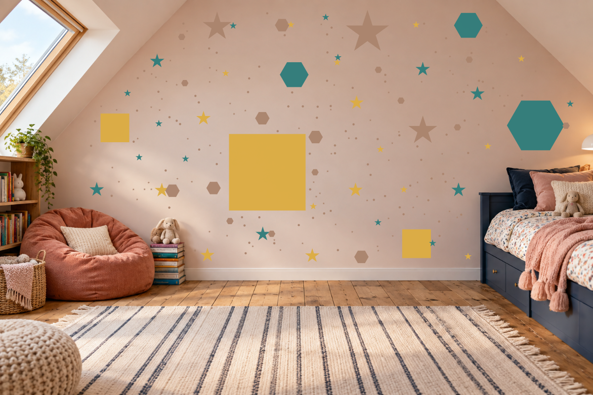 Playroom Mosaic — exact recommended kit arranged in a kids’ room
