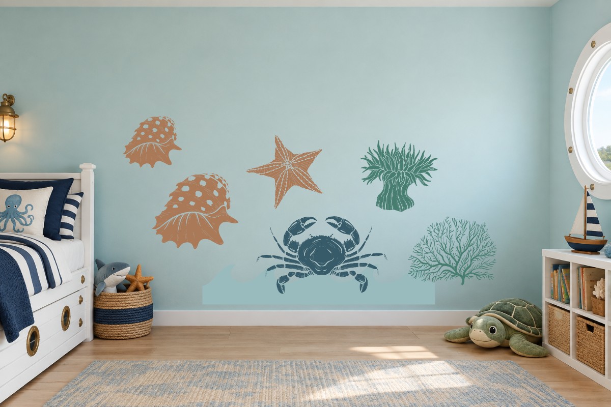 Tide Pool Treasures — A large, intricately drawn crab leads a tide-pool collection of shells, sea stars, coral and anemones, framed by a low band of waves.
