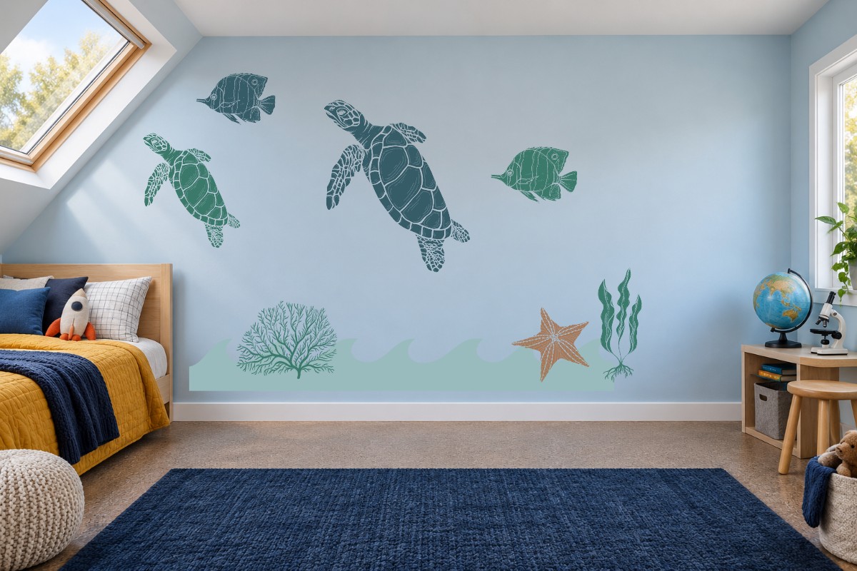 Turtle Reef Journey — Two detailed sea turtles glide past fish and reef plants. The larger 48-inch turtle creates a clear focal point, with a grounded reef and waves below.