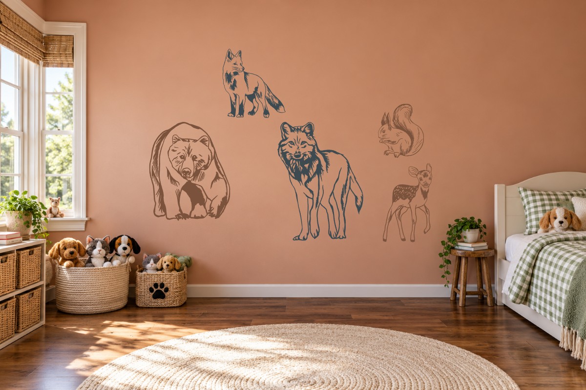 Wildwood Watch — A 48-inch wolf and a large bear create a bold wildlife scene, balanced by a young deer, fox and squirrel. Each animal keeps its original hand-drawn detail in one color.