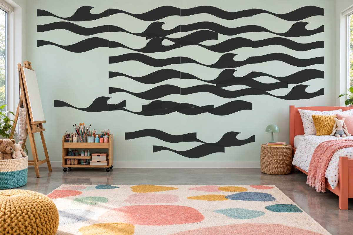Zebra Stripe Wall — exact recommended kit arranged in a kids’ room